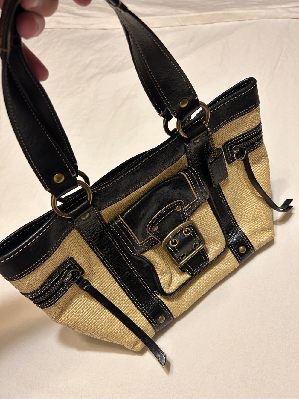 Coach Black and Natural Straw Shoulder Bag with Buckle Trim